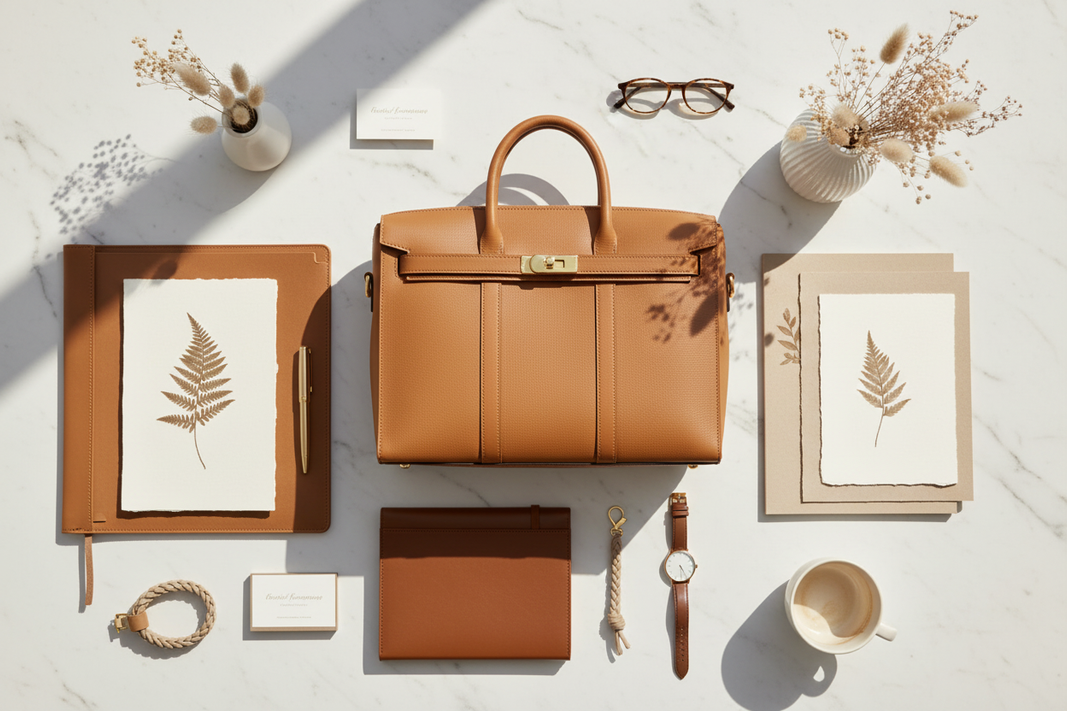 Sac de transport et accessoires professionnels en cuir beige de la Collection Nomade sur marbre blanc
