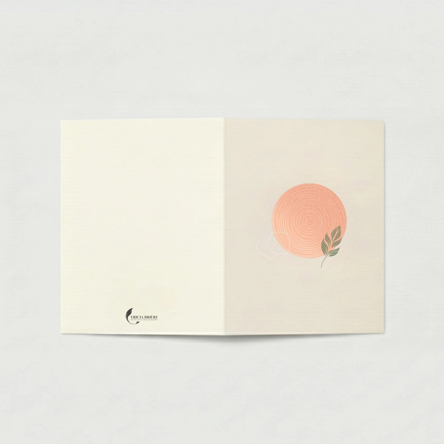 Carte de vœux ouverte à plat sur fond gris clair. La page de gauche est ivoire uni avec le logo Tricia Brière en bas à gauche. La page de droite, en beige rosé, est ornée d'un cercle rose poudré aux cernes concentriques blancs et d'une feuille verte stylisée.