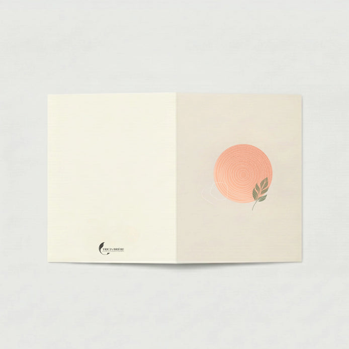 Carte de vœux ouverte à plat sur fond gris clair. La page de gauche est ivoire uni avec le logo Tricia Brière en bas à gauche. La page de droite, en beige rosé, est ornée d'un cercle rose poudré aux cernes concentriques blancs et d'une feuille verte stylisée.