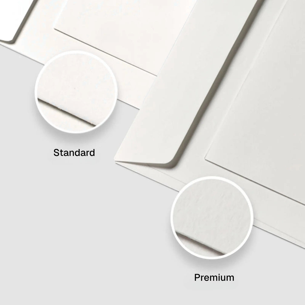 Comparatif de deux qualités d'enveloppes blanches sur fond gris clair. Deux cercles incrustés montrent le grain en gros plan : « Standard » en haut à gauche avec un papier lisse, « Premium » en bas à droite avec un papier texturé légèrement granuleux.