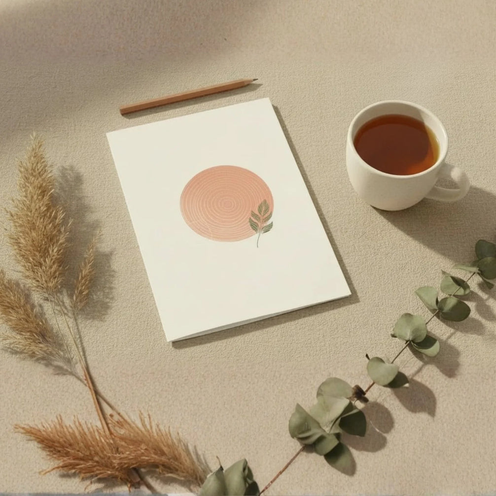 Vue de dessus d'une carte de vœux posée sur une surface en tissu beige, entourée d'herbes de la pampa dorées, d'une branche d'eucalyptus, d'un crayon en bois et d'une tasse de thé blanche. La carte présente un cercle rose poudré aux cernes concentriques et une feuille verte stylisée.