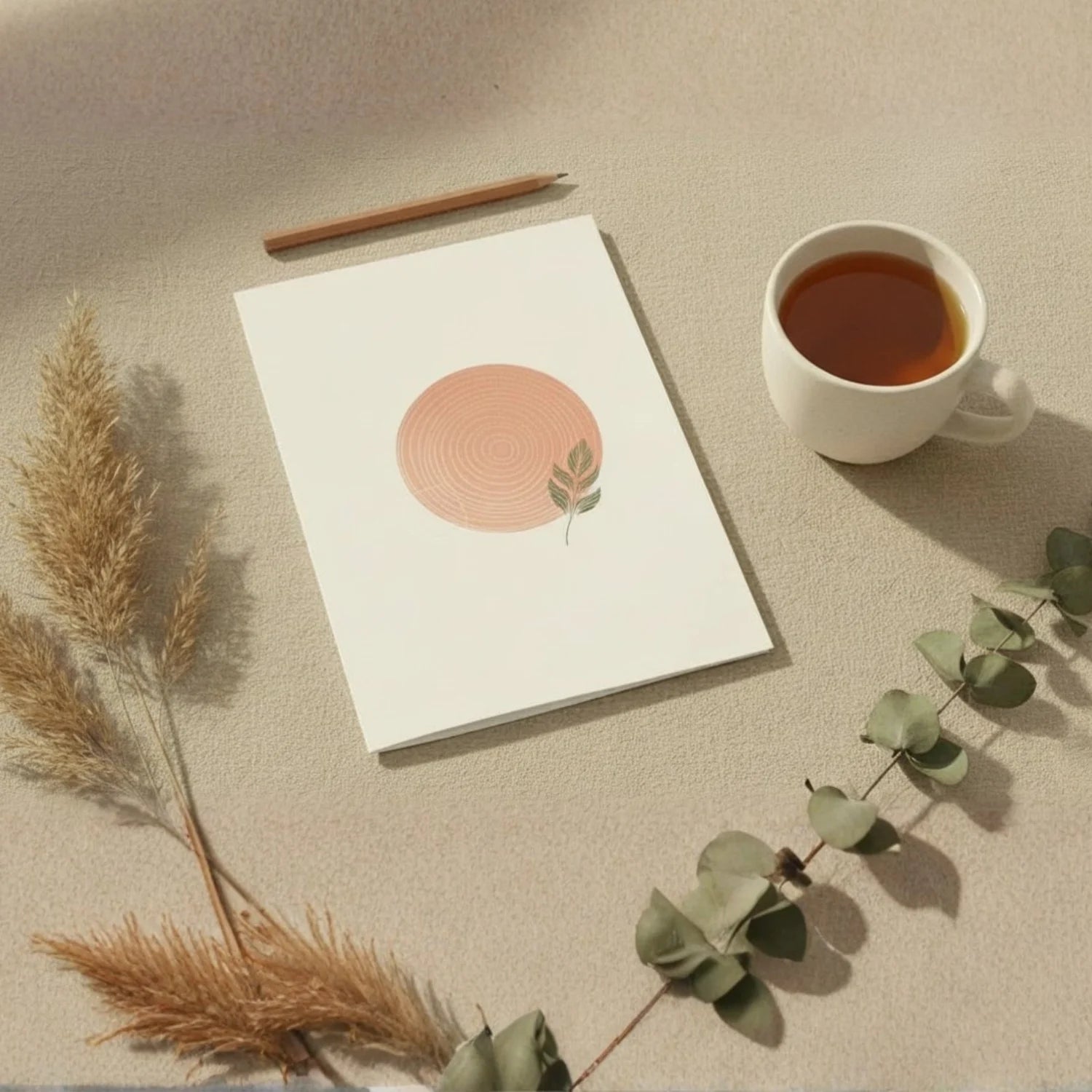 Vue de dessus d'une carte de vœux posée sur une surface en tissu beige, entourée d'herbes de la pampa dorées, d'une branche d'eucalyptus, d'un crayon en bois et d'une tasse de thé blanche. La carte présente un cercle rose poudré aux cernes concentriques et une feuille verte stylisée.