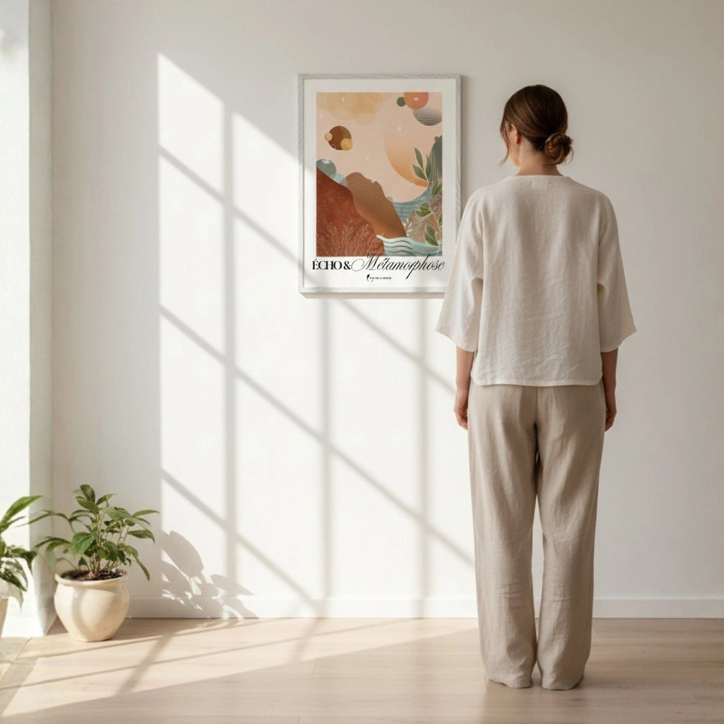 Femme de dos contemplant l'affiche artistique « Écho & Métamorphose » par Tricia Brière dans un cadre blanc, accrochée sur un mur baigné de lumière naturelle.