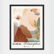 Affiche « Écho & Métamorphose » par Tricia Brière dans un cadre en bois noir. Illustration abstraite aux tons terracotta, pêche et vert sauge avec formes organiques et végétation.