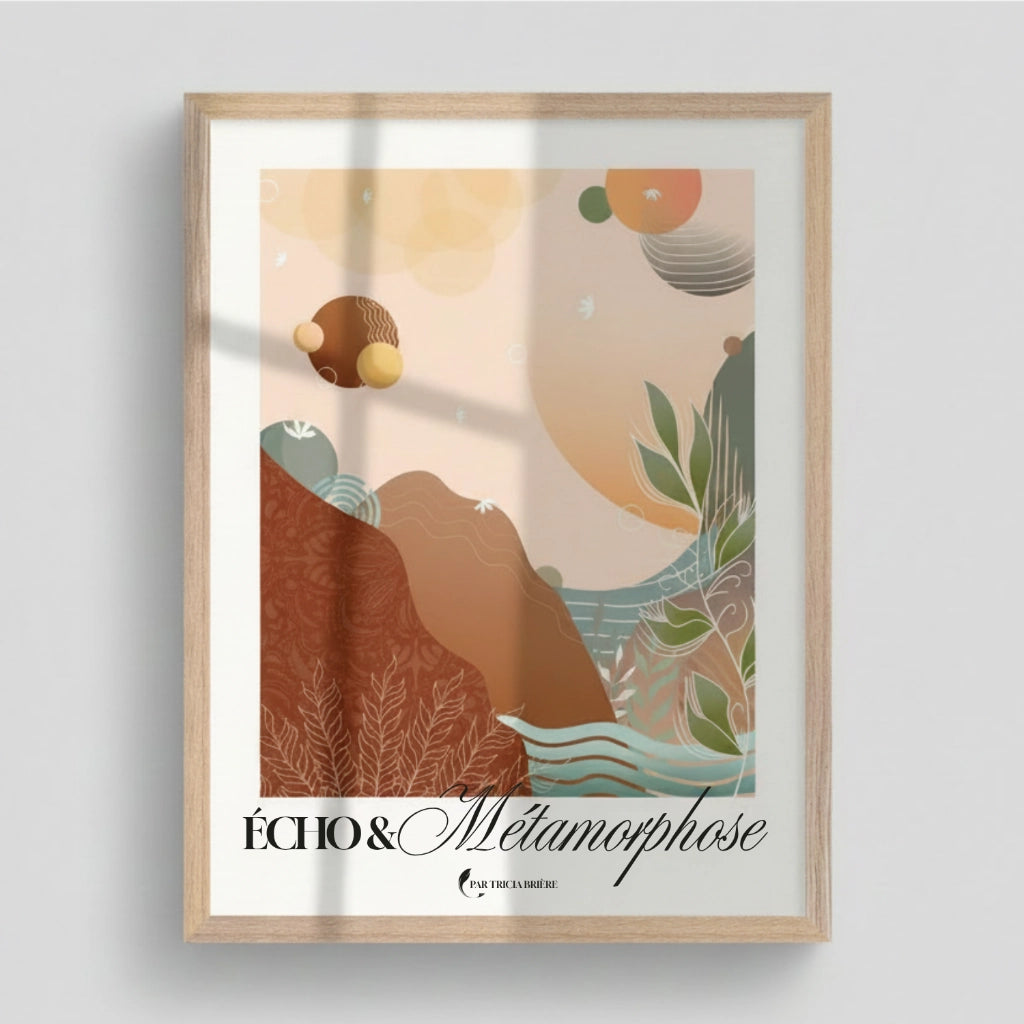 Affiche « Écho & Métamorphose » par Tricia Brière dans un cadre en bois naturel. Composition abstraite nordique aux tons chauds avec éléments botaniques et géométriques.