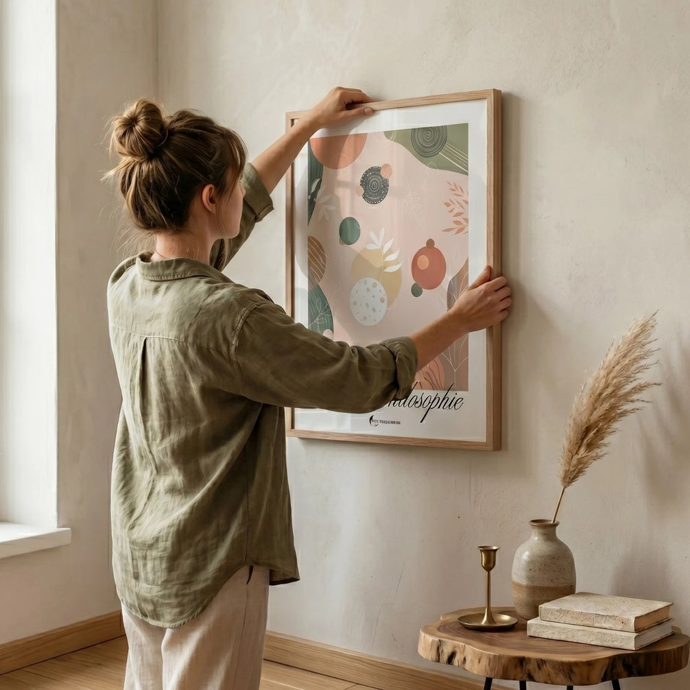 Femme de dos aux cheveux relevés en chignon, vêtue d'une chemise en lin kaki, accrochant l'affiche encadrée « Vision & Philosophie » de Tricia Brière sur un mur blanc texturé, dans un intérieur chaleureux avec console en bois brut et herbe de la pampa.