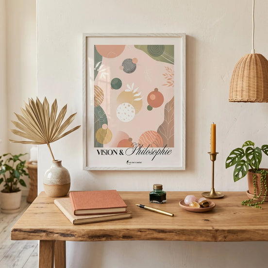 Affiche « Vision & Philosophie » de Tricia Brière encadrée en bois blanc, accrochée au-dessus d'un bureau rustique en bois massif avec carnets terracotta, stylo doré, encrier vert et bougeoir laiton, dans un intérieur bohème chaleureux.