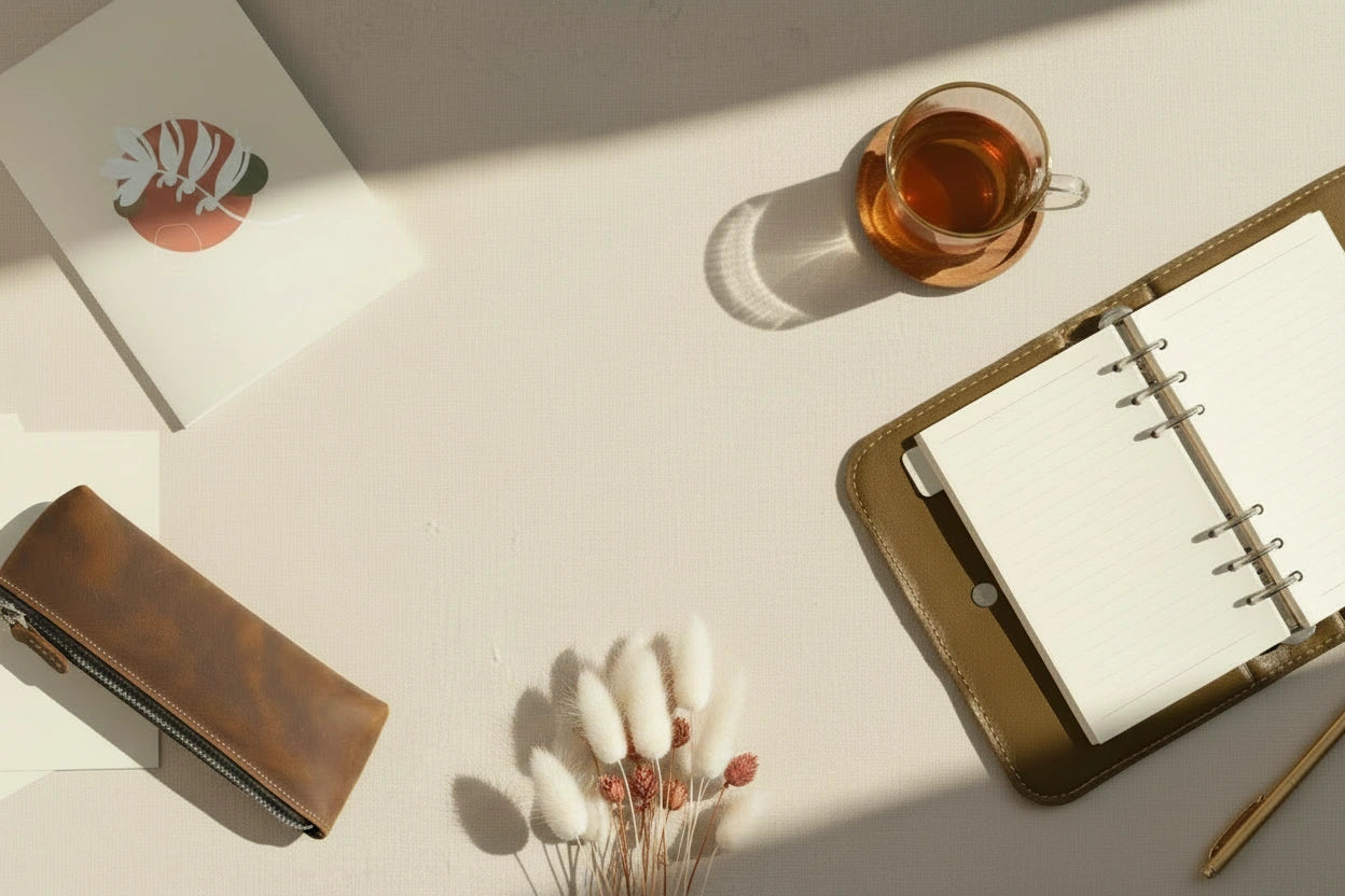 Une vue de dessus (flat lay) minimaliste sur une toile de fond beige texturée, baignée de lumière solaire diagonale projetant des ombres nettes. Les objets sont disposés sur un plan horizontal. De gauche à droite : une trousse à crayons en cuir marron texturé avec une fermeture éclair, une petite pile de botaniques séchées et pressées (dont des têtes de fleurs blanches), une enveloppe et un petit carnet avec un motif botanique graphique circulaire. Au centre, une tasse de thé