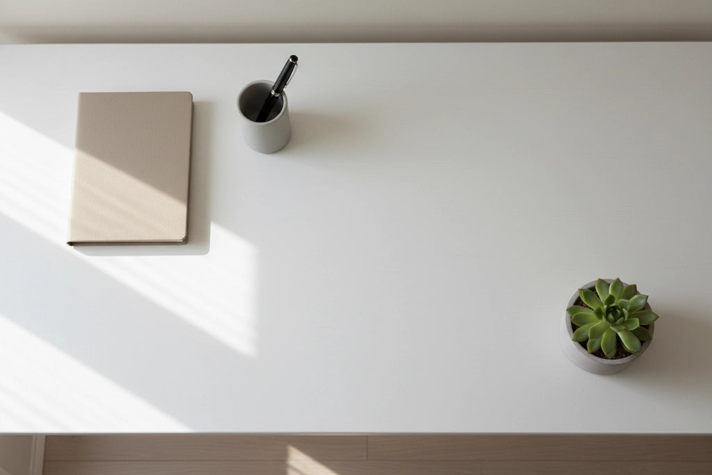 Bureau minimaliste avec papeterie artisanale Tricia Brière