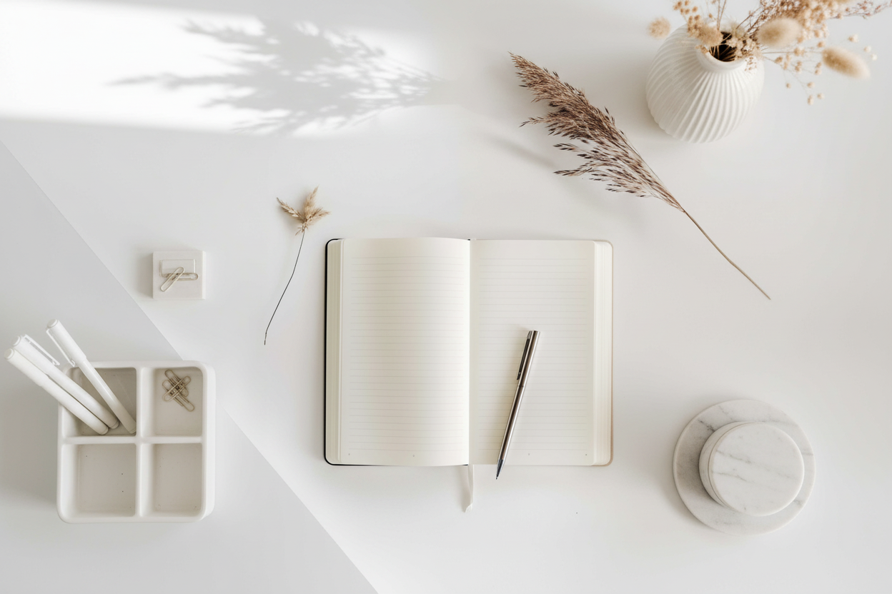 Carnet ouvert avec fleurs séchées et accessoires de papeterie minimaliste