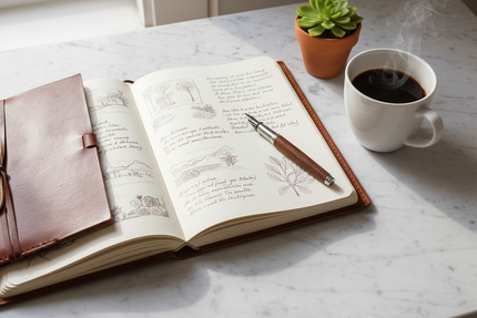 Carnet ouvert avec notes manuscrites — papeterie artisanale