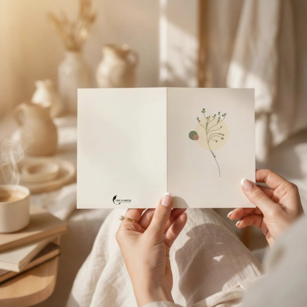 Mains tenant une carte de vœux ouverte au design botanique minimaliste sur fond beige chaleureux, avec le logo Tricia Brière visible au bas.