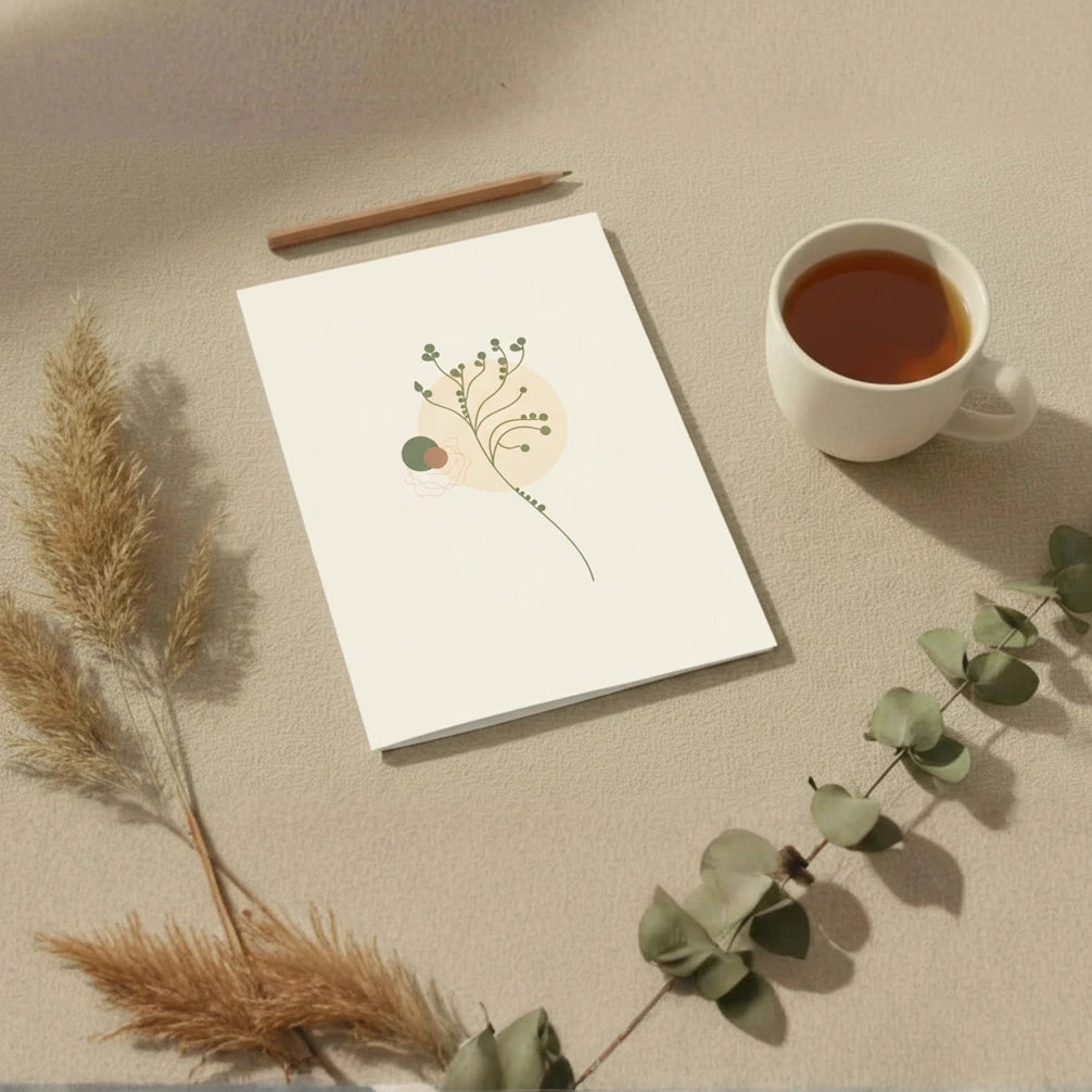 Carte de vœux posée à plat sur une surface beige, ornée d'un motif botanique minimaliste, accompagnée d'un crayon en bois, d'une tasse de thé, d'une tige de pampa et d'une branche d'eucalyptus.