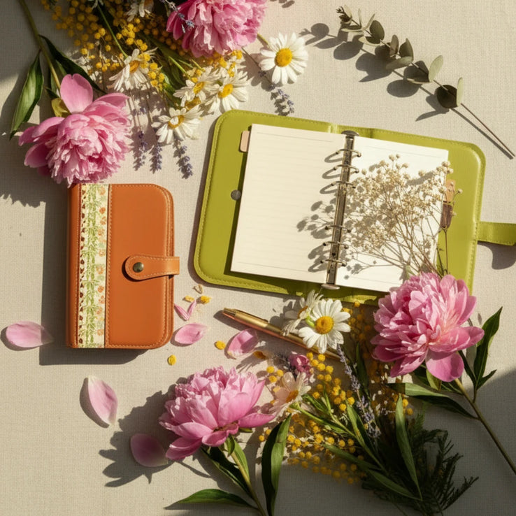 Vue aérienne et lumineuse d'une composition de papeterie entourée de fleurs fraîches sur un fond en lin beige. À gauche, un organisateur modulaire fermé en cuir marron moyen présente une bande centrale beige brodée de motifs géométriques et floraux ton sur ton, sécurisé par une patte à bouton-pression en laiton. À droite, un second organisateur de couleur vert pomme est grand ouvert, révélant ses pages intérieures lignées de couleur crème, un mécanisme à anneaux en métal argenté et une branche de gypsophile