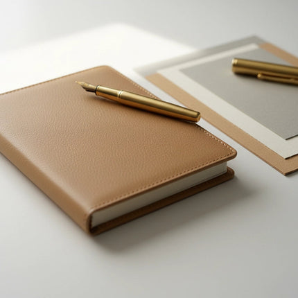 Détails de papeterie artisanale faite main — cuir végétal et papier texturé