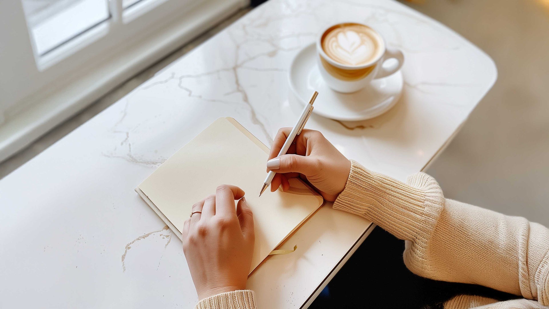 Mains écrivant dans un carnet beige avec stylo sur table en marbre et tasse de café