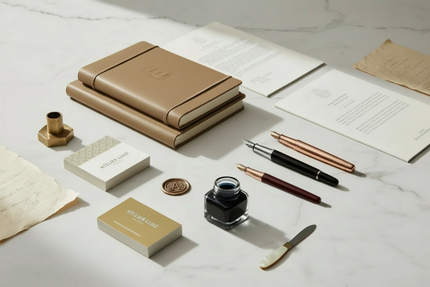 Ensemble de papeterie luxe sur marbre blanc — carnet en cuir bronze avec accessoires
