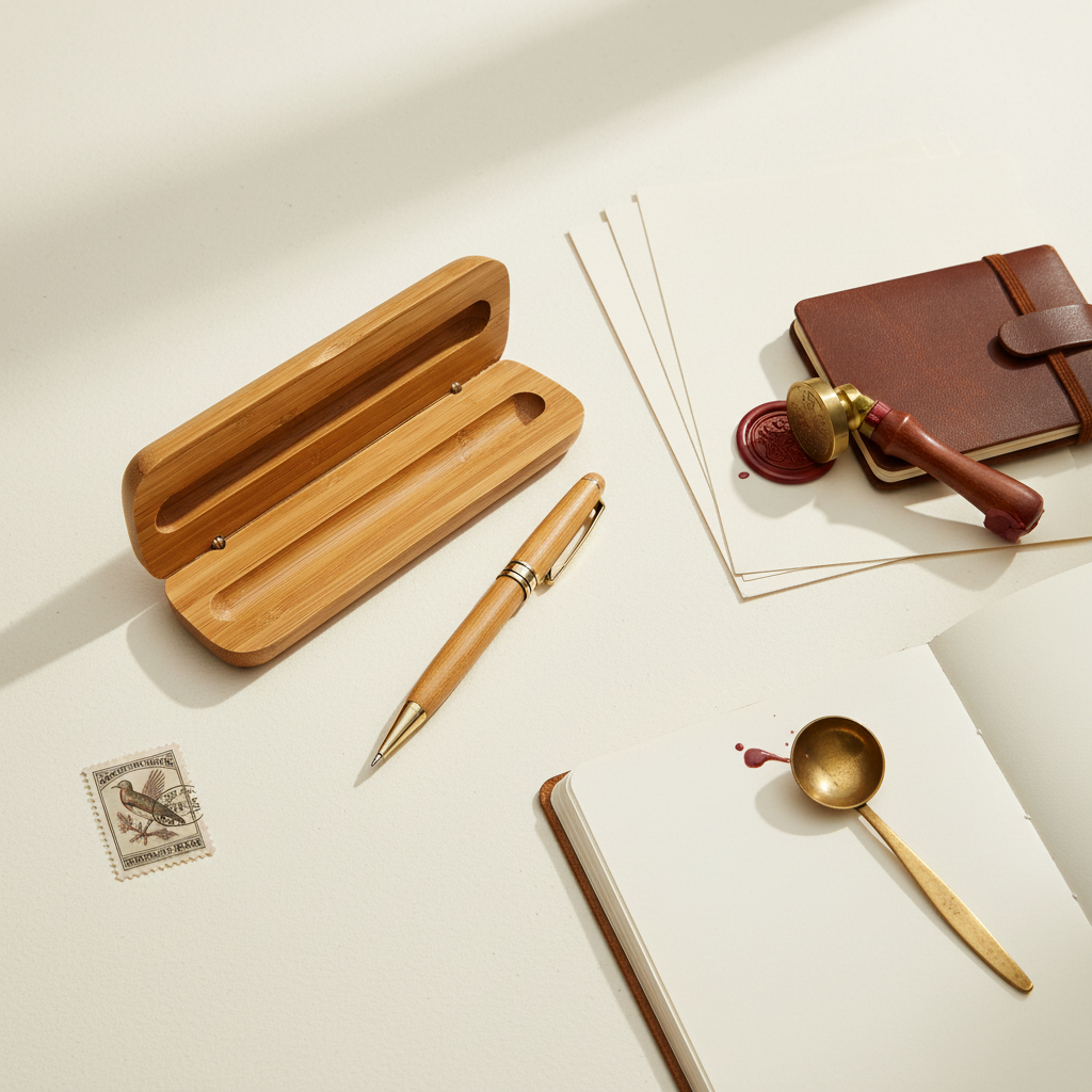 Ensemble stylo bambou et étui en bois — design naturel