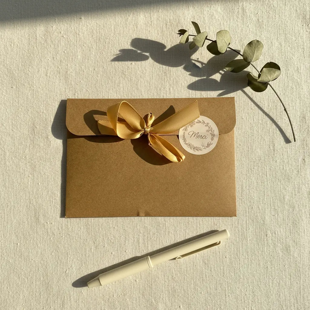 Enveloppe kraft fermée d'un nœud en ruban satiné doré et d'une étiquette ronde calligraphiée « Merci », posée sur fond lin naturel avec un stylo crème et une branche d'eucalyptus, en lumière matinale rasante.