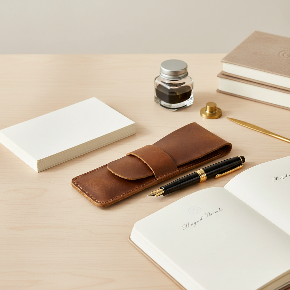 Étui à stylo en cuir dans un contexte bureau raffiné