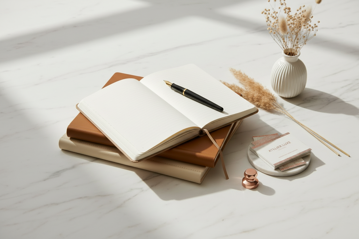 Journal artisanal ouvert avec stylo plume sur cuir caramel en lumière naturelle douce