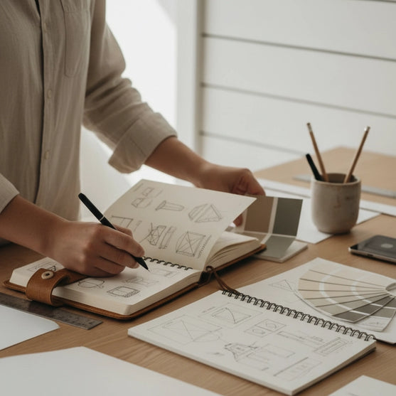 Journal en cuir végétal ouvert sur une page de croquis faits à la main