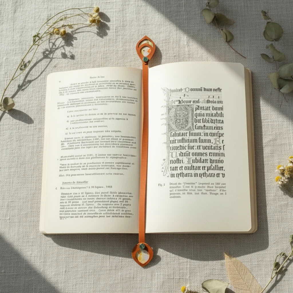 Marque-page en cuir cognac glissé dans un livre ancien ouvert sur une enluminure gothique, ses deux extrémités à médaillons visibles au sommet et en bas de la page, entouré de fleurs séchées et branches d'eucalyptus en lumière solaire douce.