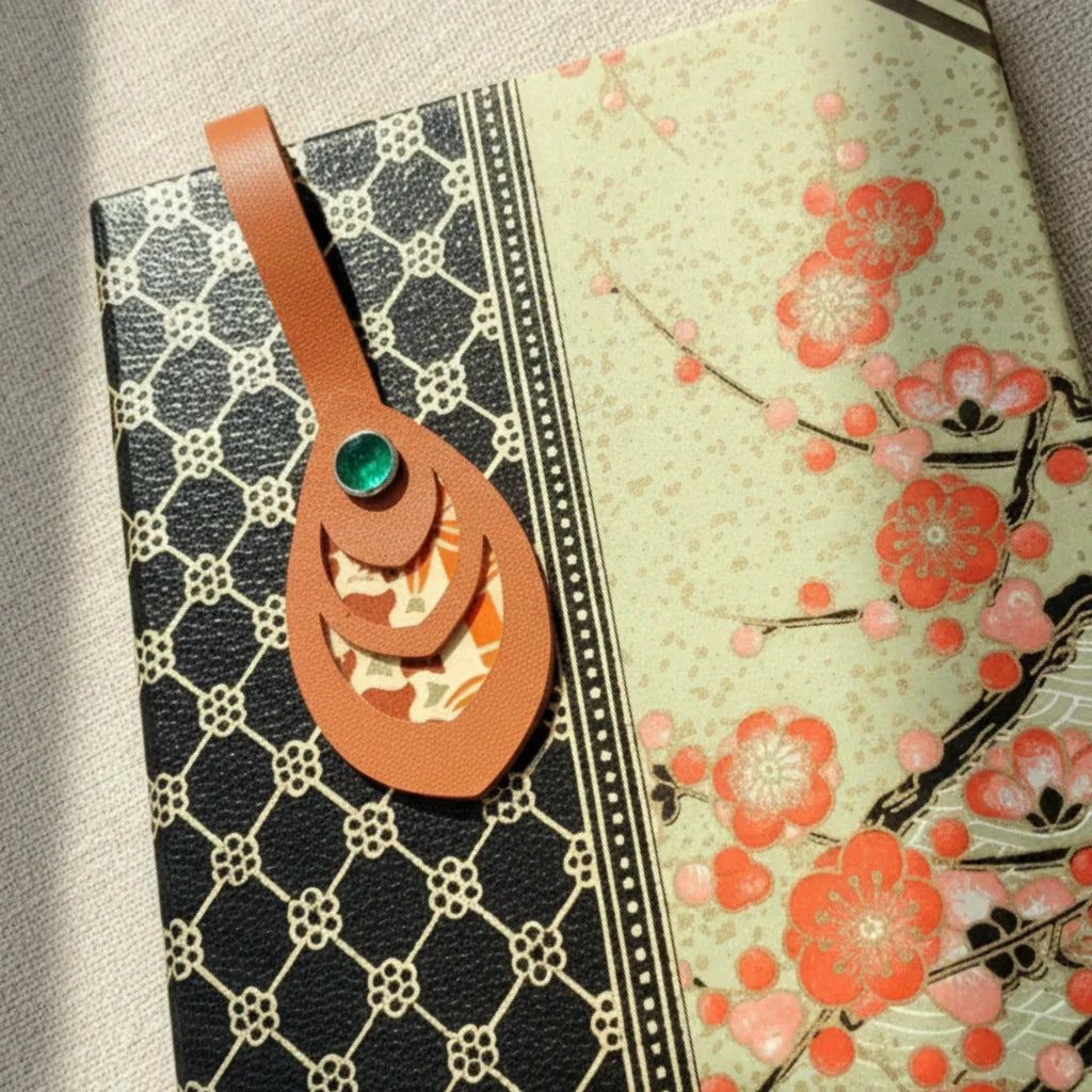 Gros plan sur le médaillon supérieur d'un marque-page artisanal en cuir cognac posé sur un carnet à couverture japonaise noire et florale rouge : médaillon ovale à trois niveaux découpés révélant un papier japonais fleuri orange-crème, orné d'un rivet vert émeraude, en lumière solaire rasante.