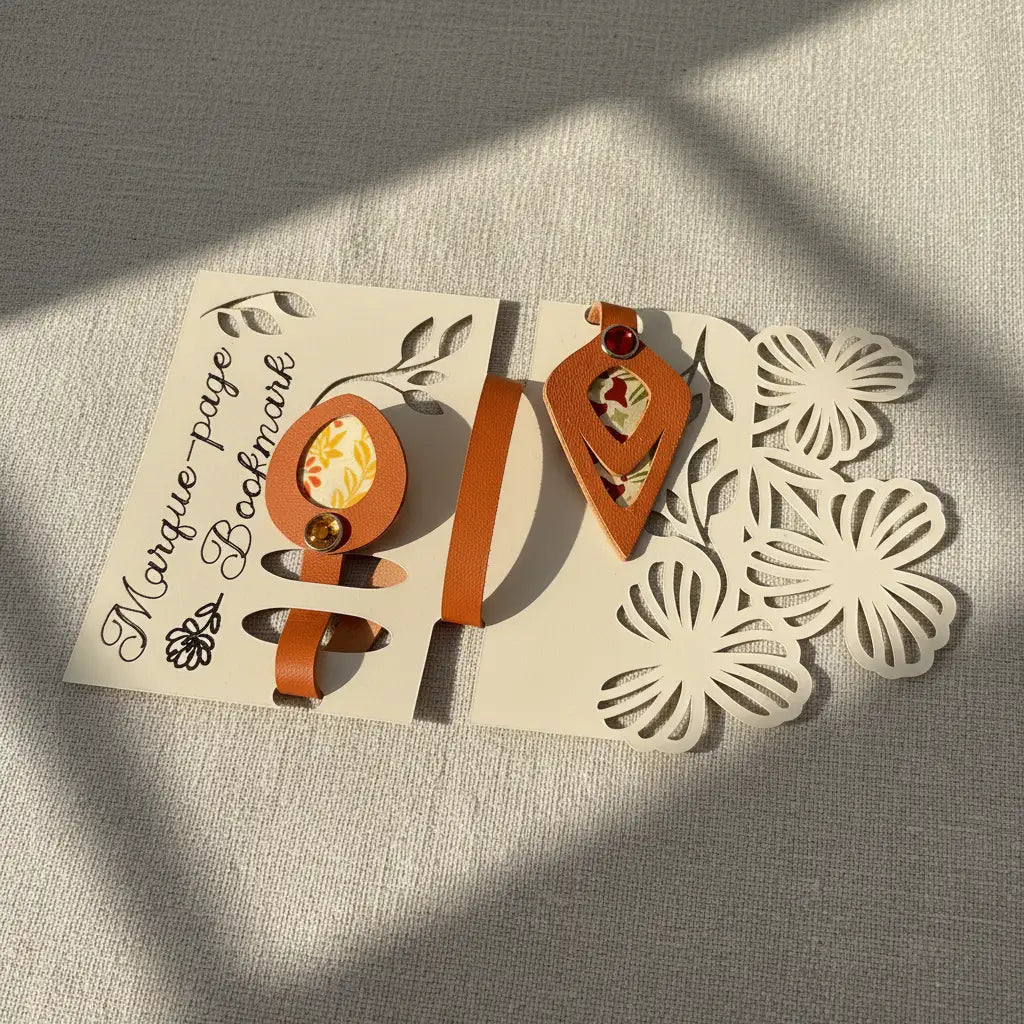 Marque-pages artisanal en cuir cognac présentés côte à côte sur leur carte d'emballage découpée : l'un à médaillon ovale avec papier japonais fleuri jaune-vert et rivet vert émeraude, l'autre à tête losange avec papier floral et rivet rouge rubis, ombres géométriques douces sur fond lin.