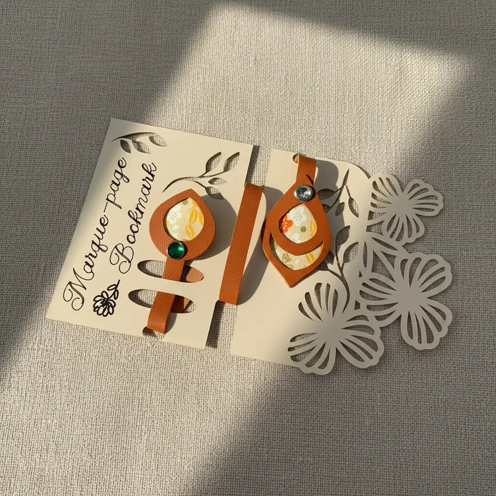 Marque-page artisanal en cuir cognac sur carte d'emballage découpée floralement : médaillons à découpe feuille et ovale incrustés de papier japonais à motifs fleuris jaune et orange, ornés de rivets vert et cristal.