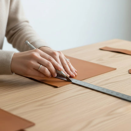 Mains féminines aux doigts ornés de bagues argentées découpant une pièce de cuir tan à l'aide d'un cutter de précision et d'une règle métallique, sur une surface en bois clair, avec d'autres pièces de cuir disposées autour.