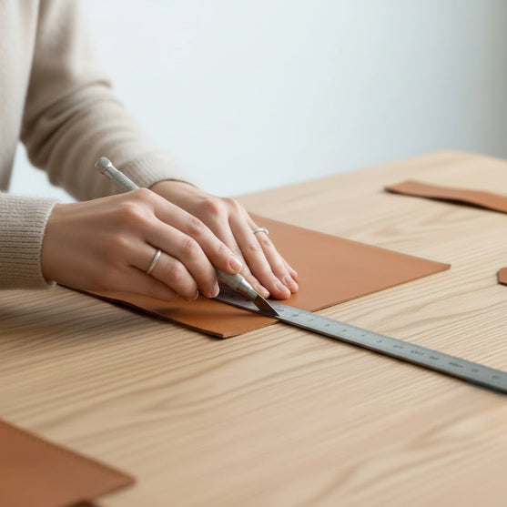Mains féminines aux doigts ornés de bagues argentées découpant une pièce de cuir tan à l'aide d'un cutter de précision et d'une règle métallique, sur une surface en bois clair, avec d'autres pièces de cuir disposées autour.