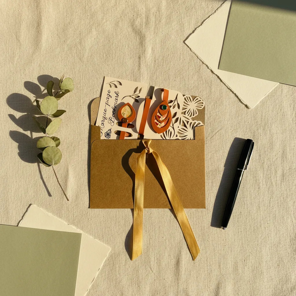 Marque-page artisanal en cuir cognac posé sur sa carte d'emballage dépassant d'une enveloppe kraft nouée d'un ruban satiné doré, ses deux médaillons ovales incrustés de papier japonais fleuri orange-crème et de rivets vert émeraude et ambré visibles, en lumière matinale rasante sur fond lin naturel.