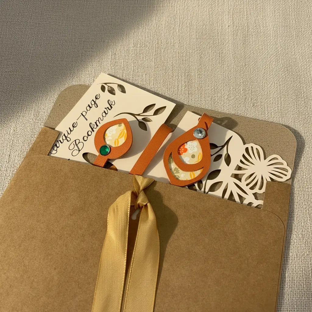 Marque-page en cuir cognac présenté sur sa carte d'emballage découpée au laser, glissé dans une enveloppe kraft fermée d'un ruban satiné doré, avec ses deux médaillons à papier japonais fleuri jaune-orange et rivets ambré et cristal visibles, en lumière naturelle rasante.