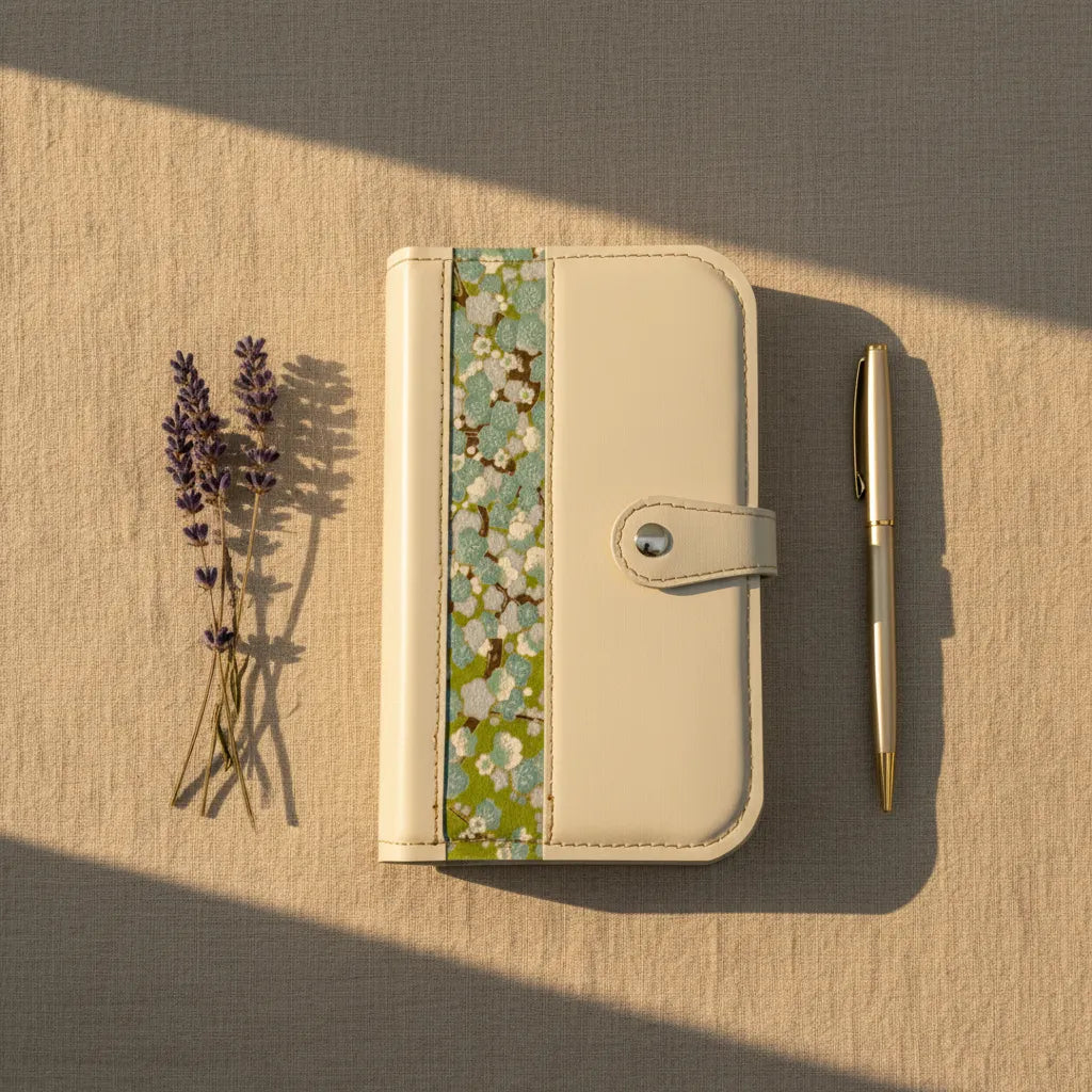 Prise de vue aérienne d'un organisateur modulaire fermé en cuir blanc cassé, disposé verticalement sur un textile de fond beige. À sa droite sont alignés un stylo fin en métal doré et de délicates tiges de lavandes séchées. Une lumière naturelle rasante baigne la scène de gauche à droite, projetant des ombres douces pour une atmosphère calme et sereine.