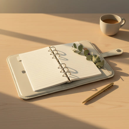 Vue d'angle sur une table en bois clair d'un organisateur modulaire en cuir écru ouvert, révélant ses pages lignées maintenues par des anneaux métalliques. Une branche d'eucalyptus est posée sur la page de droite. Un stylo doré et une tasse de café complètent la scène dans une ambiance chaleureuse.