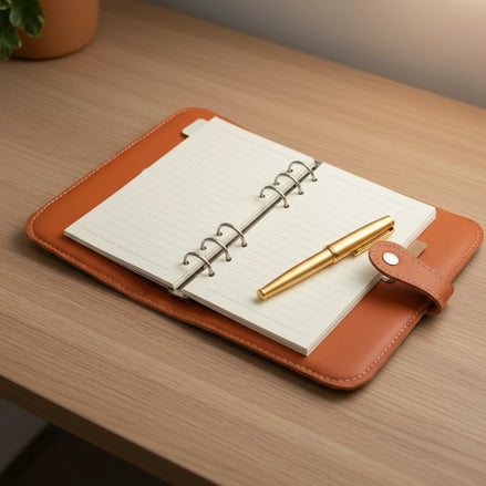 Une photo en gros plan, en plongée à 45 degrés d'un classeur en cuir orange-brun ouvert, posé sur un bureau en bois clair. L'organisateur est ouvert sur des pages lignées de couleur crème, tenues par six anneaux en métal argenté. Un stylo à plume en métal doré est posé en diagonale sur la page de droite. Le rabat en cuir avec son attache de fermeture à bouton-aimant est visible sur le côté droit. Dans l'arrière-plan flou, on distingue un pot en terre cuite.