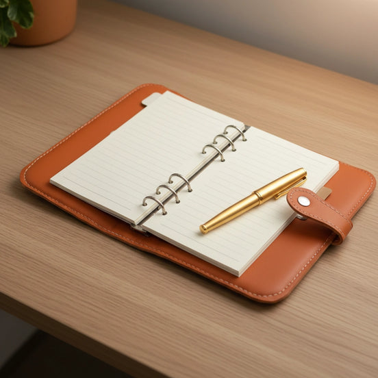 Une photo en gros plan, en plongée à 45 degrés d'un classeur en cuir orange-brun ouvert, posé sur un bureau en bois clair. L'organisateur est ouvert sur des pages lignées de couleur crème, tenues par six anneaux en métal argenté. Un stylo à plume en métal doré est posé en diagonale sur la page de droite. Le rabat en cuir avec son attache de fermeture à bouton-aimant est visible sur le côté droit. Dans l'arrière-plan flou, on distingue un pot en terre cuite.
