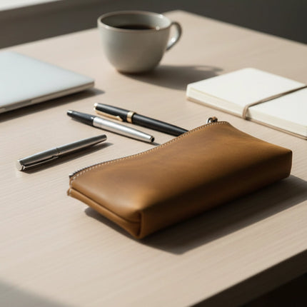 Pochette en cuir artisanale avec stylos élégants sur fond neutre