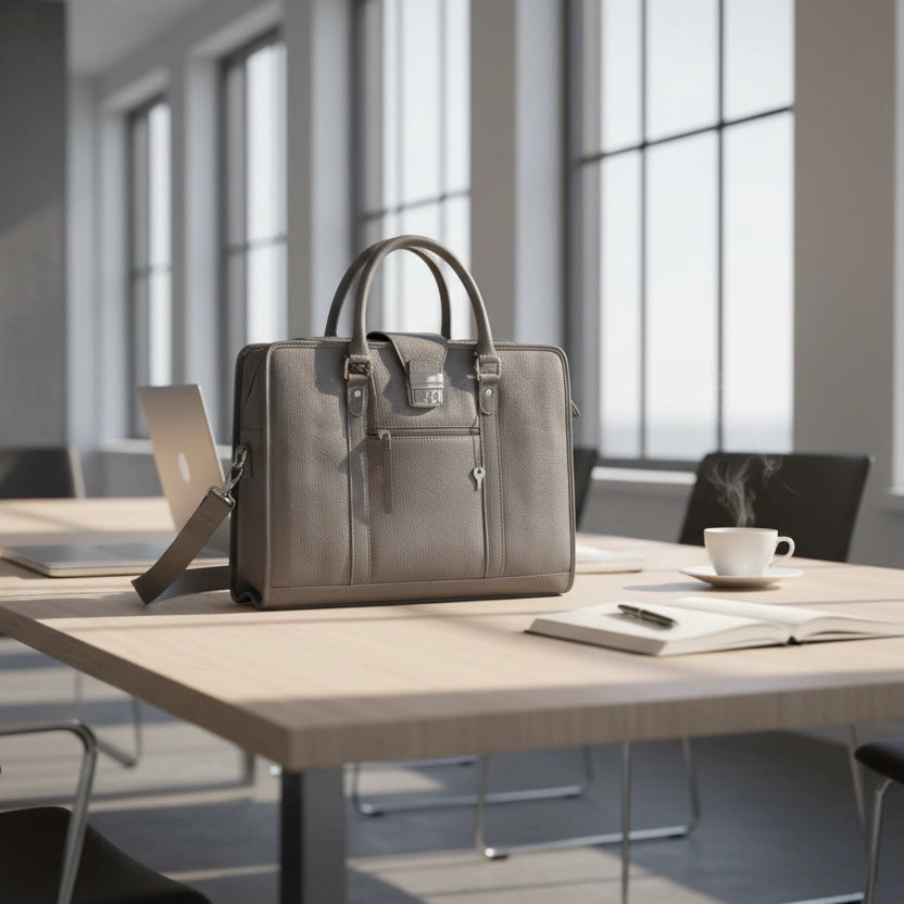 Porte-documents en cuir gris dans un environnement professionnel épuré