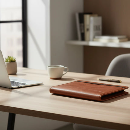 Portfolio en cuir cognac dans un espace de travail professionnel épuré