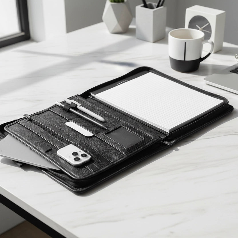 Portfolio en cuir naturel dans un environnement de travail soigné