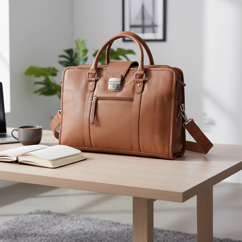 Sac en cuir brun posé dans un espace de travail soigné