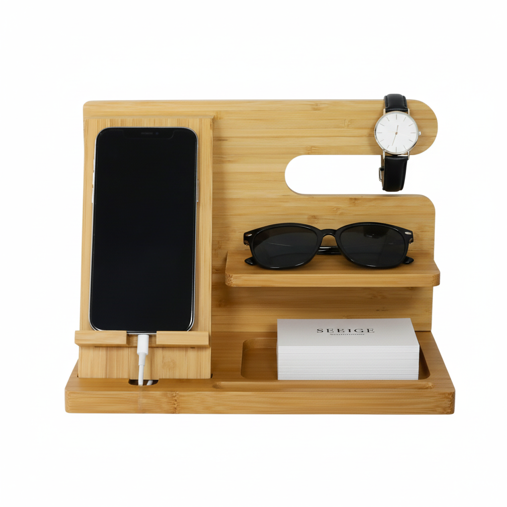 Station de charge en bambou avec accessoires de bureau 