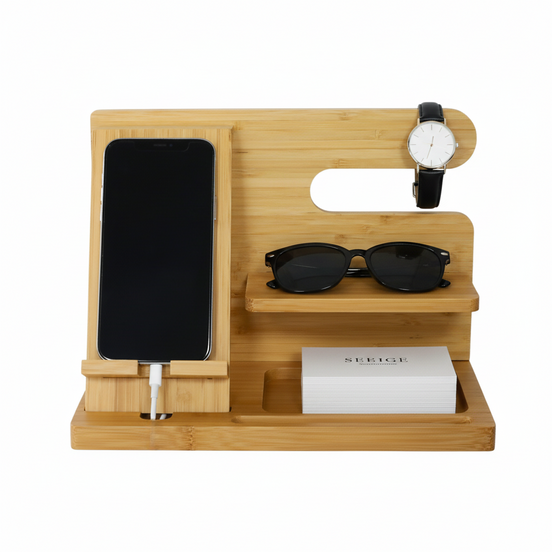 Station de charge en bambou avec accessoires de bureau 