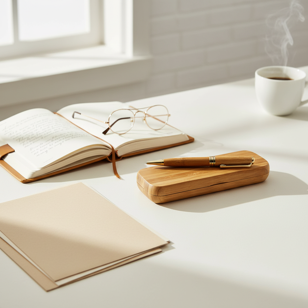 Stylo bambou sur bureau élégant — matière naturelle