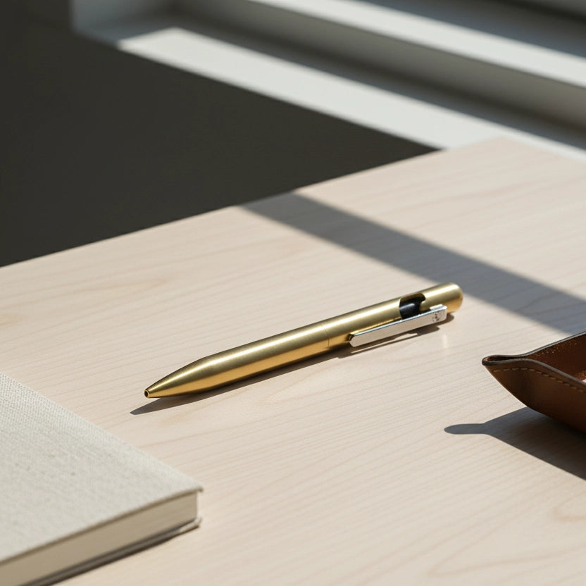 Stylo en laiton posé dans un espace de travail minimaliste