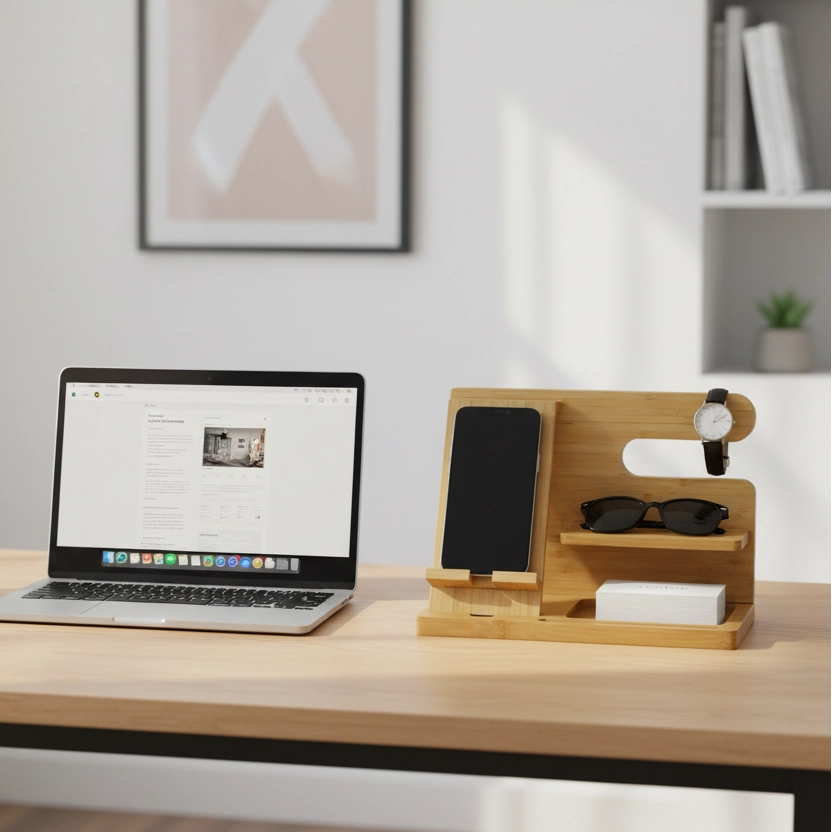 Support d'organisateur en bois sur une table de bureau épuré