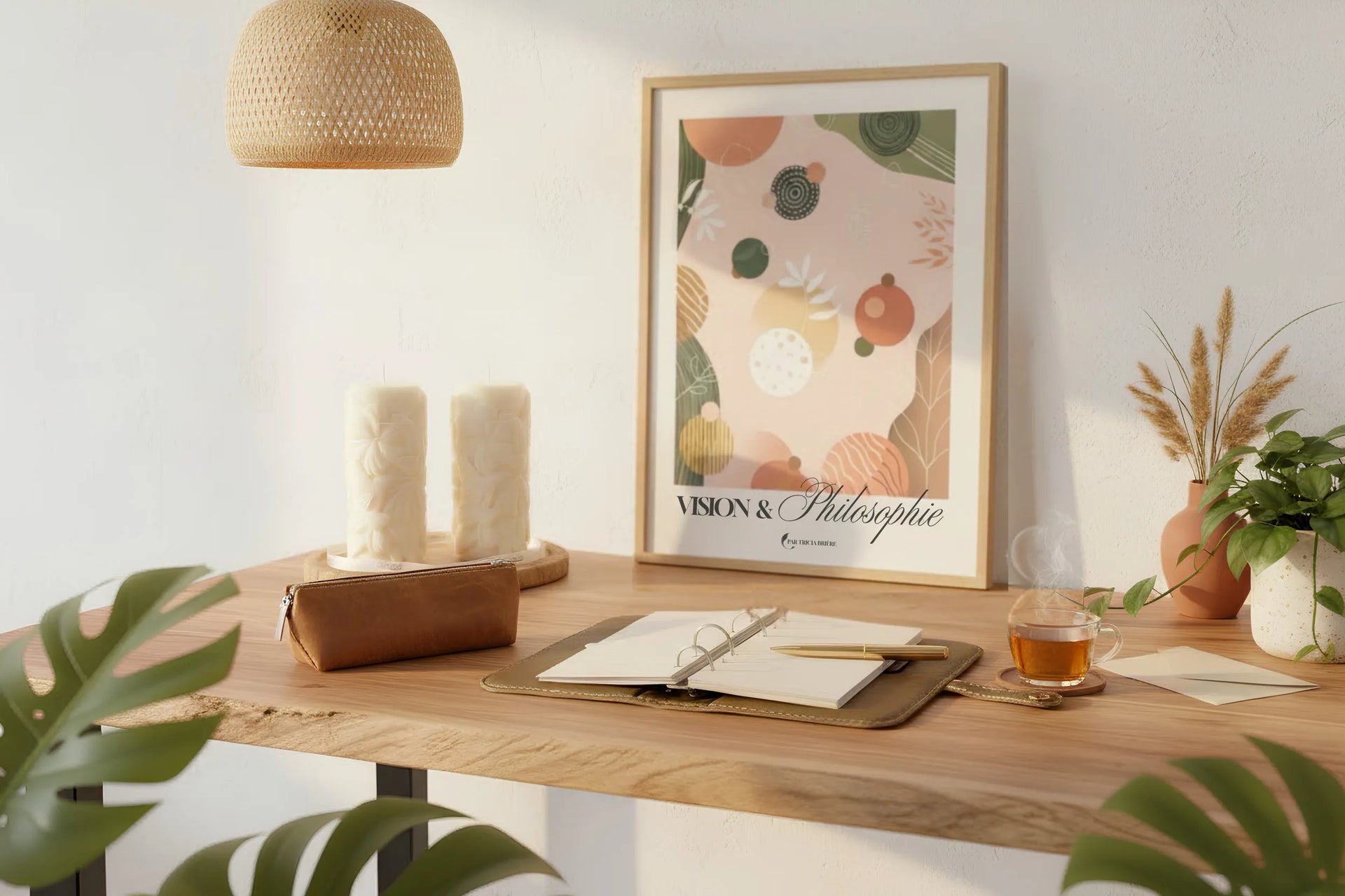 Une vue en perspective d'un bureau en bois massif au bord naturel, baigné d'une lumière solaire douce venant de la droite. Sur le bureau, un agenda modulaire ouvert en cuir brun avec un stylo doré repose au centre. À gauche, une trousse à crayons en cuir marron texturé. Derrière, un grand poster encadré présente des formes abstraites organiques et le texte « VISION & Philosophie » en bas. Une tasse de thé fumante avec une petite enveloppe est à droite. 2 bougies piliers sculptées avec des motifs de feuilles